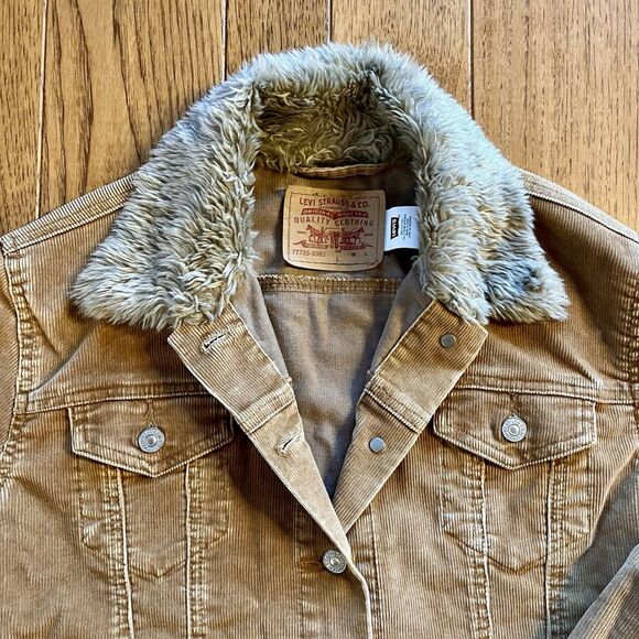 Levi’s Tan Corduroy Women's Faux Fur Collar Jacket Coat Large Long Sleeve - Picture 2 of 6
